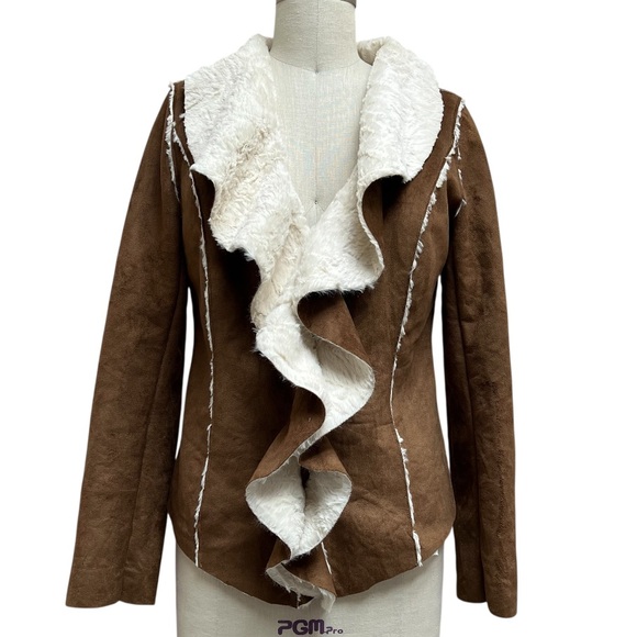 Jou Jou Shearling Coat Faux Sued Draped Collar Moto Jacket - Picture 1 of 6